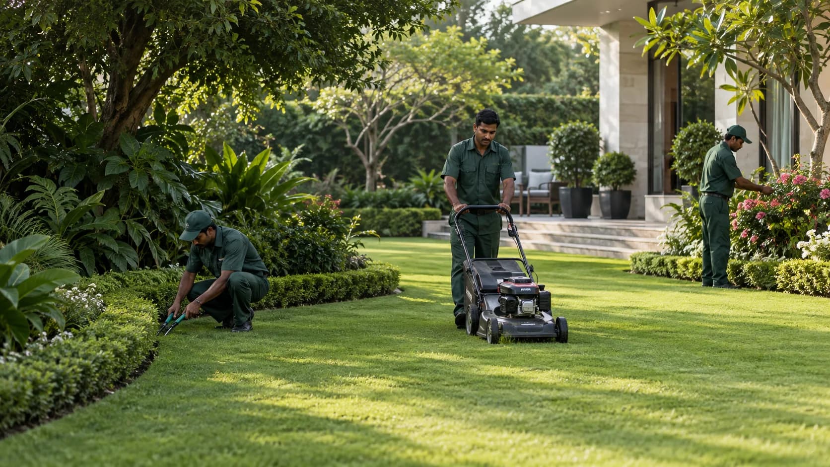 Garden Live gardeners mowing, trimming and caring for a premium landscaped garden
