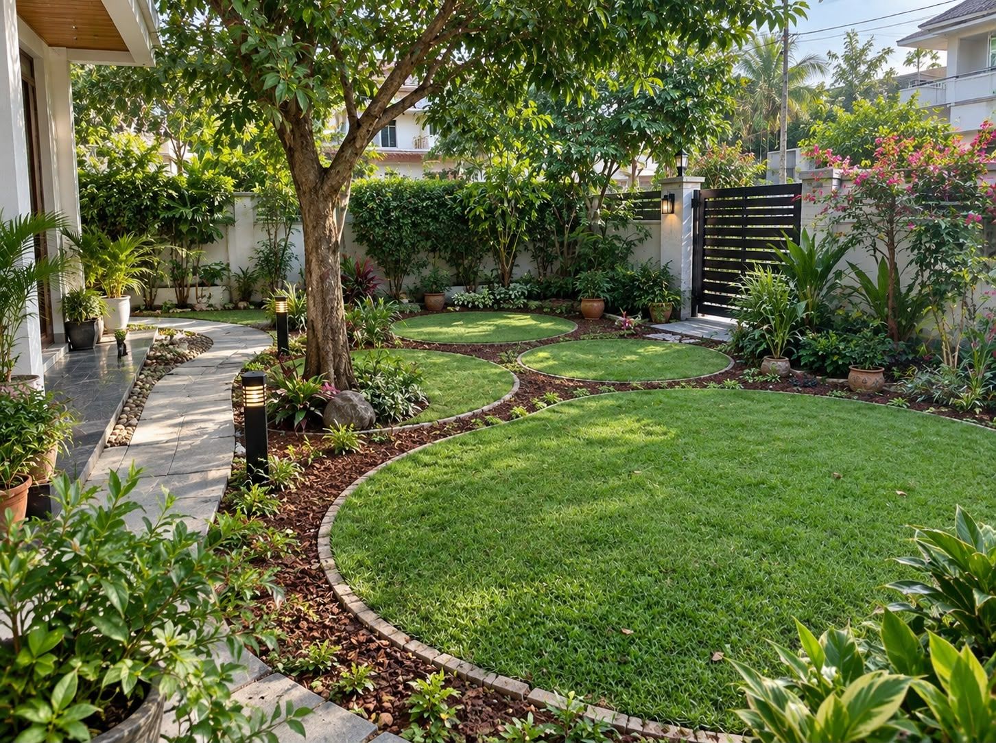 Garden Live home garden with curved lawn and mature tree